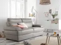 Un salon moderne avec un canapé gris confortable, des coussins roses et un petit tapis. Un meuble blanc et bois, une table basse et une plante verte complètent la scène.