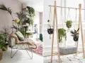 Un coin plantes salon bohème avec un fauteuil confortable et des étagères remplies de verdure. À droite, un portant en bois suspend des plantes en macramé.