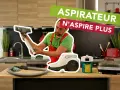 Un homme en salopette rouge examine un aspirateur, perplexe. Le texte superposé indique "ASPIRATEUR N'ASPIRE PLUS".