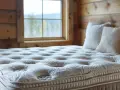 Garnissage matelas confortable avec motif capitonné, prêt pour une nuit paisible dans un chalet en bois, avec vue sur la nature par la fenêtre.