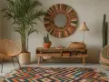 Un salon chaleureux avec une chaise Acapulco, un tapis coloré et un miroir artisanal, créant une ambiance mexicaine authentique.