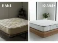 Comparaison de la durée de vie d'un matelas : un vieux matelas usé à 5 ans et un nouveau matelas impeccable à 10 ans+.