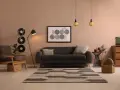 Idée déco salon avec canapé noir : ambiance cosy avec vinyles vintage, tapis graphique et fauteuil en bois.