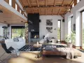 Ambiance chaleureuse d'un **chalet intérieur** avec cheminée, canapé blanc, fauteuil design et vue sur la montagne.