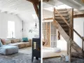 Ambiance chaleureuse dans cet **intérieur ferme rénovée moderne**. Canapé modulable, poêle design et escalier rustique en bois.