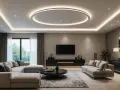 Éclairage moderne et élégant pour la décoration plafond salon, avec un cercle lumineux central et des spots encastrés.