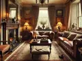 Salon chaleureux d'un cottage anglais, avec canapés en cuir, cheminée ornée et tapis persan.