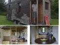 Homme devant sa maison sur roulette. L'intérieur révèle une cuisine et un lit en mezzanine.