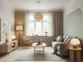 Salon lumineux avec canapé gris, fauteuil en rotin et meubles en bois clair. La **couleur lumineuse pour pièce sombre** est apportée par les lampes et la lumière naturelle.