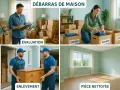 Débarras de maison : évaluation, tri (garder, donner, jeter), enlèvement et pièce nettoyée.