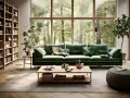 Canapé vert sapin pantone, entouré de verdure luxuriante à travers une grande fenêtre. Bibliothèque en bois, table basse et pouf complètent ce salon paisible.