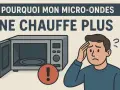 Un homme perplexe regarde son micro-ondes qui ne chauffe plus. Un point d'exclamation rouge signale le problème.