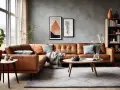 Comment aménager un petit salon avec un canapé d'angle en cuir marron, des coussins colorés, une couverture douillette et une table basse ronde.