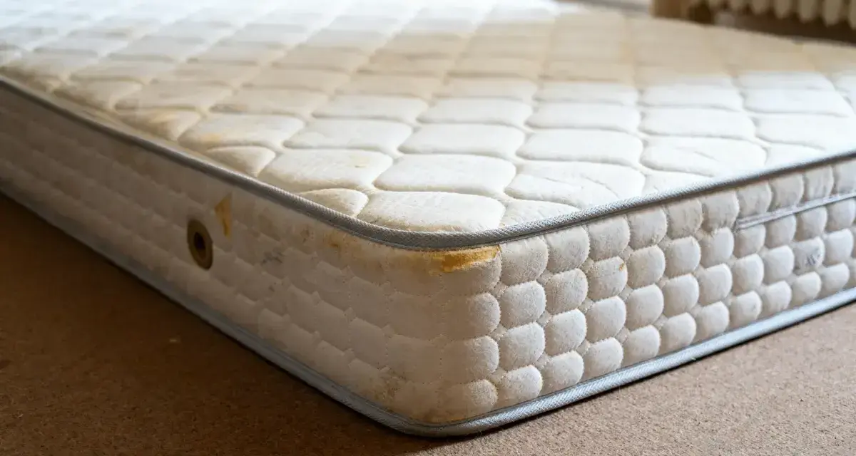 Matelas usagé, taché, avec des signes de dégradation. Le polyuréthane peut présenter un danger s'il est mal ventilé ou décomposé.