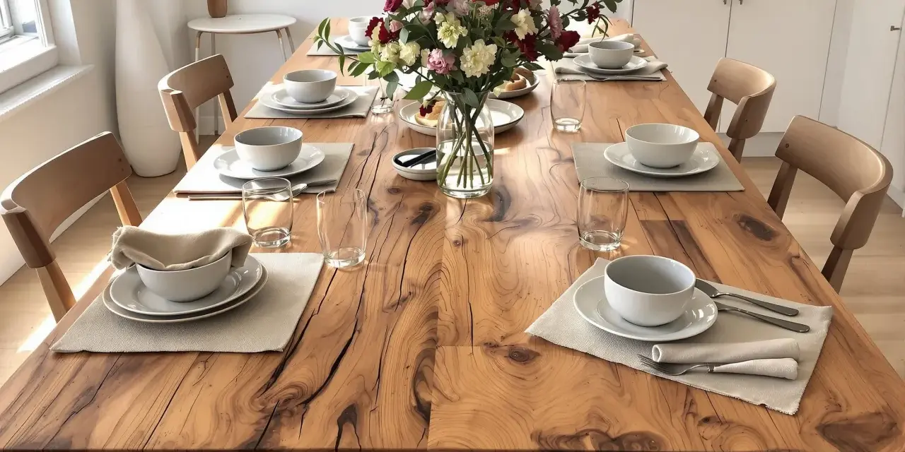 Une table en bois rustique est dressée pour un repas, avec des assiettes, des bols, des verres et un bouquet de fleurs.