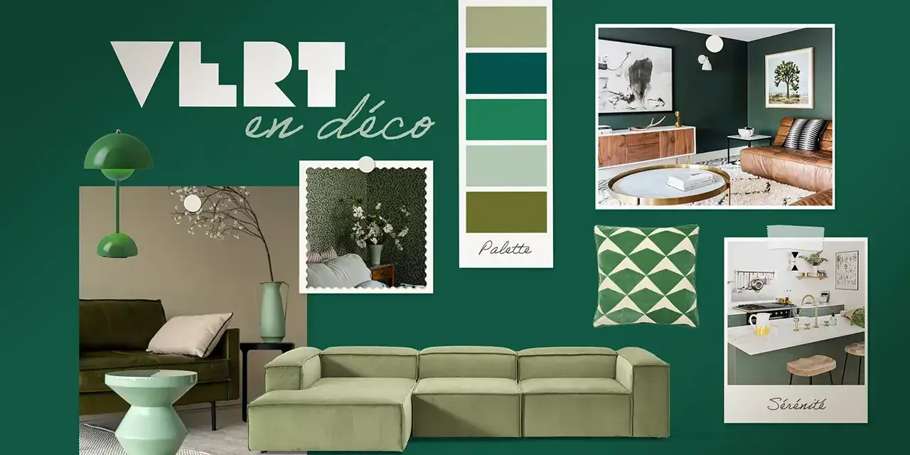 Inspiration déco : quelle couleur avec du vert sapin ? Des canapés, coussins, lampes et palettes de couleurs pour un intérieur serein.