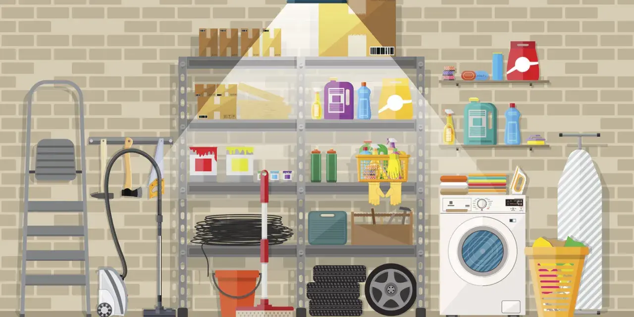 Étagères bien rangées, outils, aspirateur, machine à laver et panier à linge : une belle idée aménagement cave pour tout organiser.