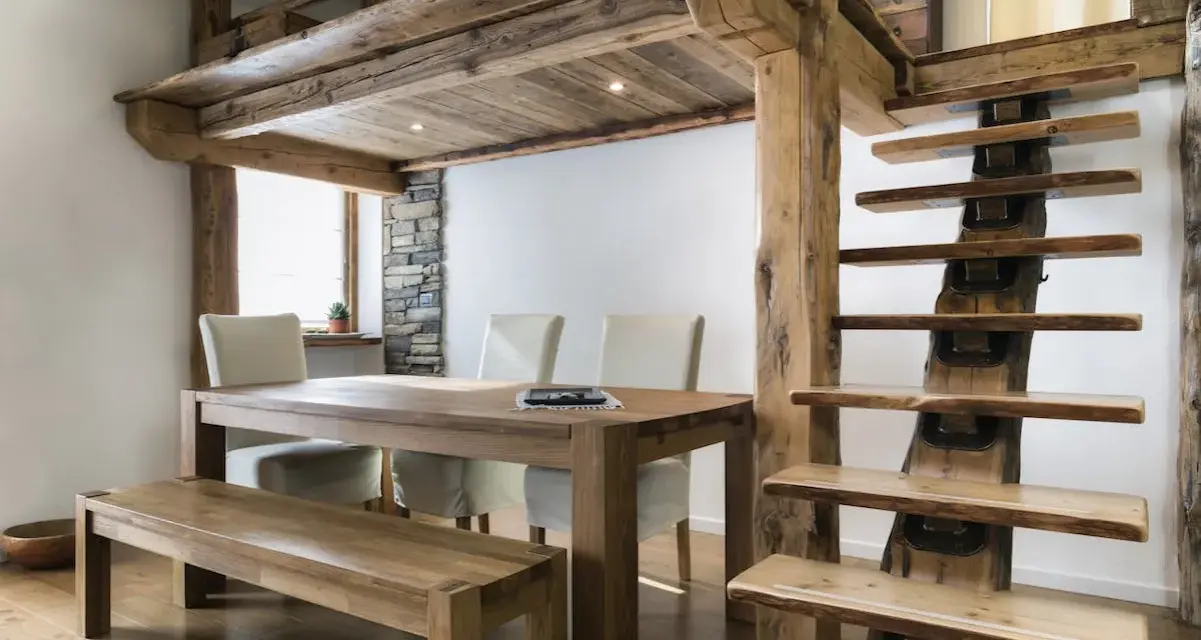 Une salle à manger rustique avec une table en bois, des chaises et un banc, sous une mezzanine maison ancienne aux poutres apparentes. L'escalier en bois brut complète le décor.