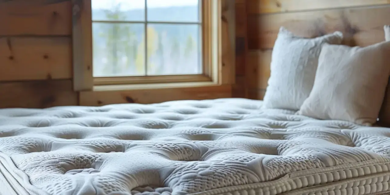 Garnissage matelas confortable avec motif capitonné, prêt pour une nuit paisible dans un chalet en bois, avec vue sur la nature par la fenêtre.