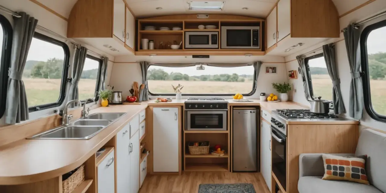 Cuisine de caravane rénovée : plans de travail en bois, évier double, plaques de cuisson, four, réfrigérateur et rangements. Idées pour comment refaire l'intérieur d'une caravane.