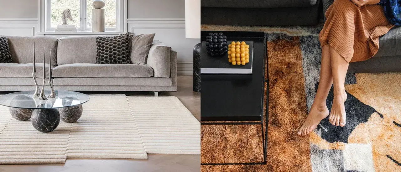 Quel tapis avec canapé gris, un salon moderne avec un tapis texturé et un tapis abstrait aux couleurs chaudes.