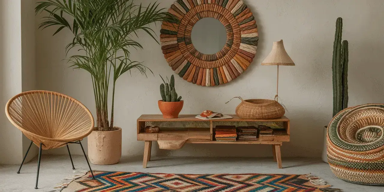 Un salon chaleureux avec une chaise Acapulco, un tapis coloré et un miroir artisanal, créant une ambiance mexicaine authentique.