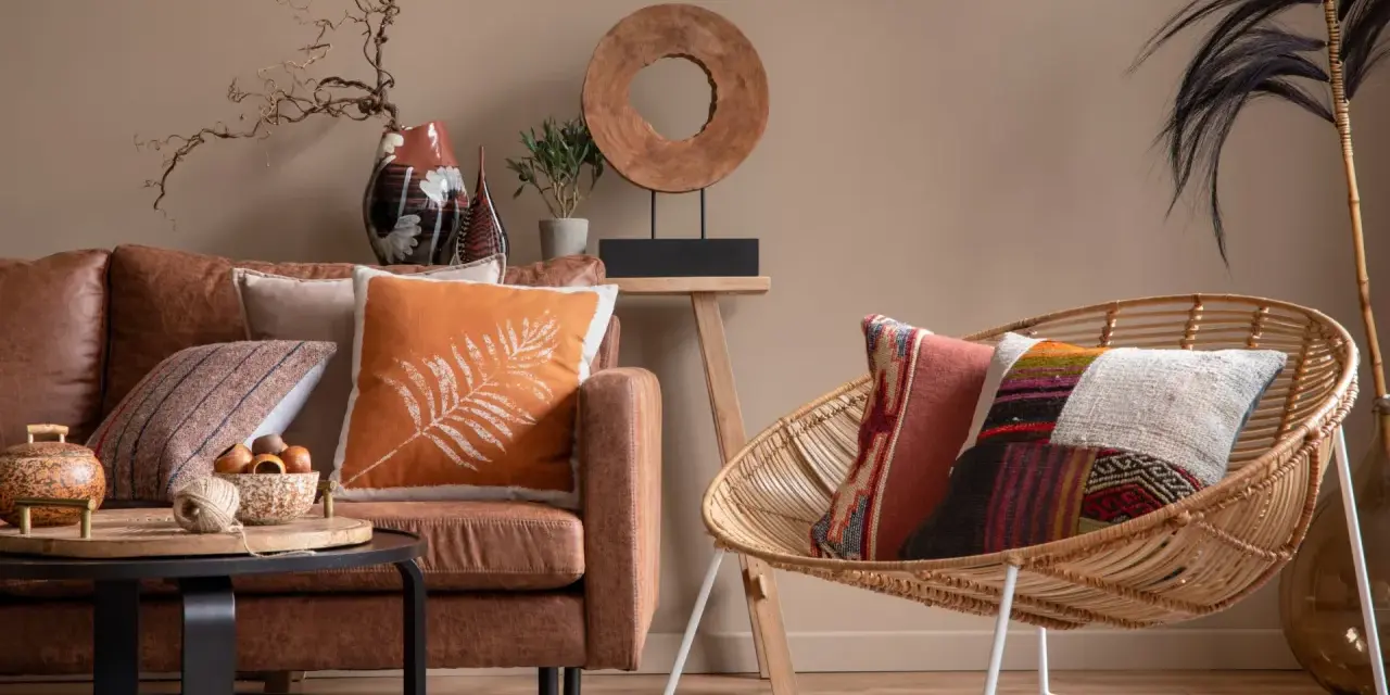 Un salon cosy avec un canapé en cuir marron, des coussins aux motifs ethniques et une chaise en rotin.