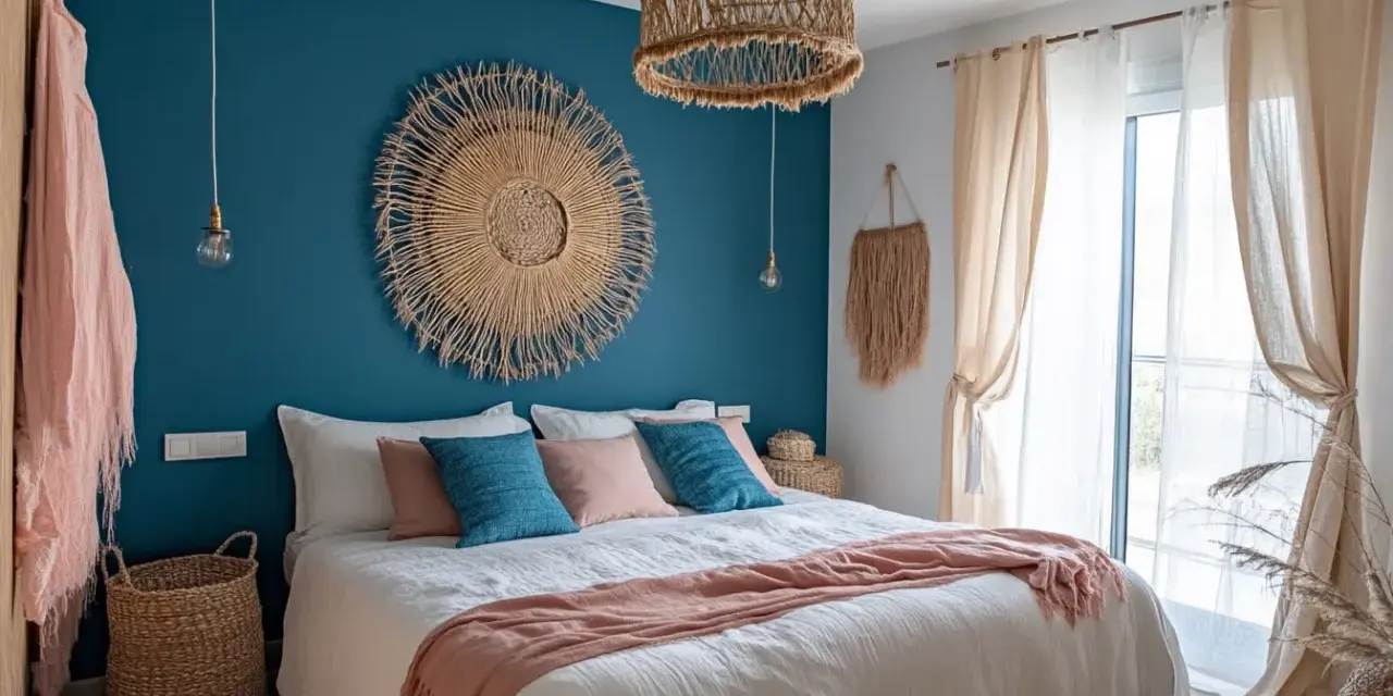 Chambre avec deco bleu canard et bois. Un grand soleil mural en paille, coussins bleus et roses, et un plaid pêche sur le lit.