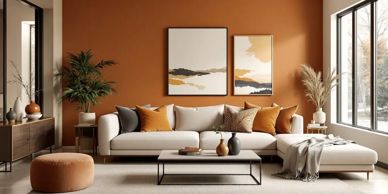 Un salon ocre chaleureux avec un canapé blanc, des coussins aux tons terreux, et des œuvres d'art abstraites.