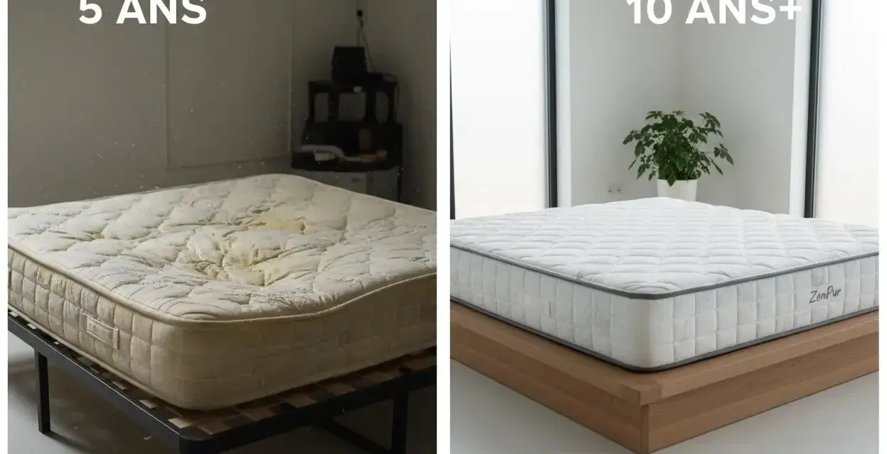 Comparaison de la durée de vie d'un matelas : un vieux matelas usé à 5 ans et un nouveau matelas impeccable à 10 ans+.