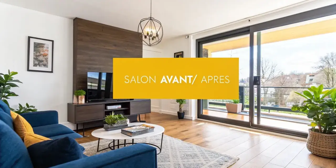 Salon transformé par home staging avant après. Canapé bleu, table basse, meuble TV en bois, grande baie vitrée.
