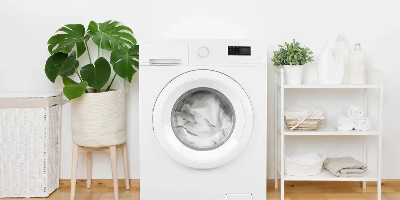Machine à laver blanche, prête pour un cycle. La profondeur de son tambour est idéale pour une famille. À côté, un panier à linge et des plantes vertes.
