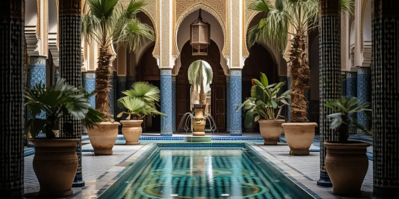 Un magnifique patio marocain avec une piscine centrale, des palmiers et des fontaines, orné de zelliges bleus et de colonnes sculptées.