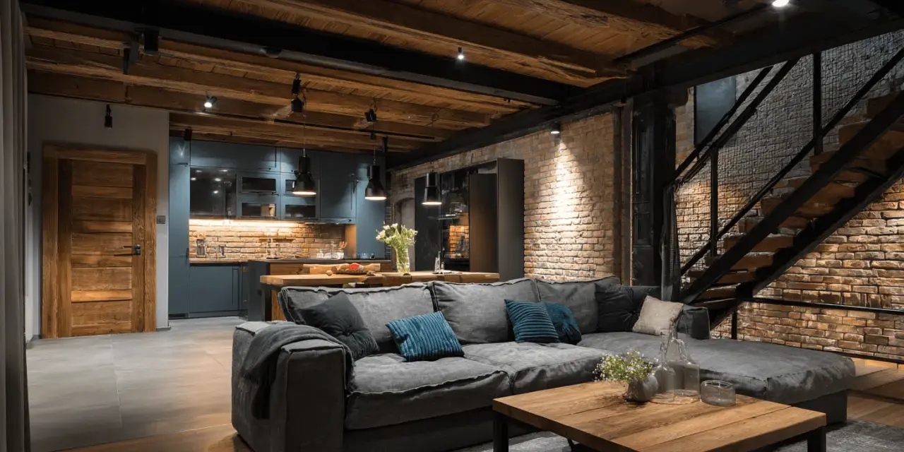 Un salon cosy avec un grand canapé gris, une cuisine moderne et un escalier industriel. Idéal pour aménager un souplex avec style.