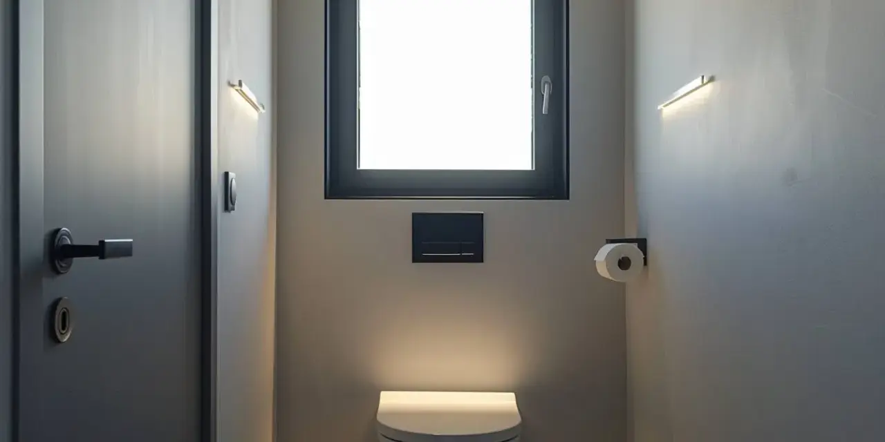 Une toilette moderne avec une fenêtre au-dessus, éclairée par des appliques murales discrètes. Un rouleau de papier toilette est à portée de main.