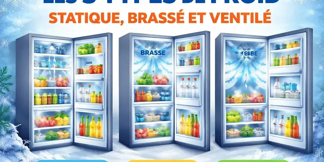 Trois réfrigérateurs illustrent les types de froid : statique, brassé et ventilé. Le froid brassé ou ventilé maintient les aliments frais.
