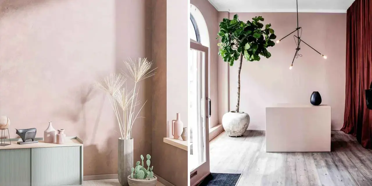 Ambiance douce : quelle couleur avec rose poudré ? Un décor moderne avec des plantes, des vases et un meuble bas.