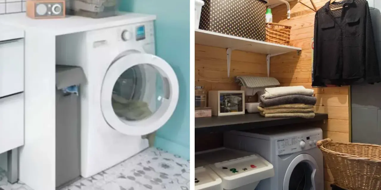 Idées pour aménager une petite buanderie : machine à laver, paniers à linge, étagères et rangements astucieux.