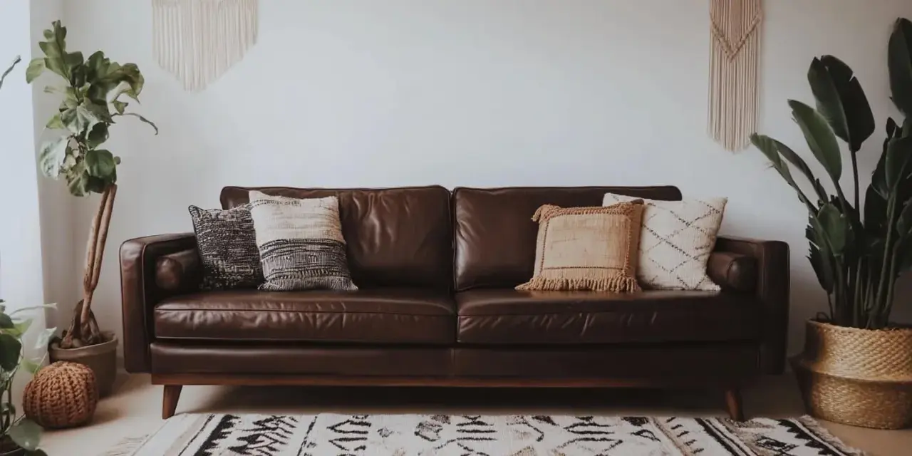 Un canapé marron en cuir, décoré de coussins texturés. Idéal pour savoir quelle couleur associer avec un canapé marron, avec des plantes vertes et un tapis ethnique.