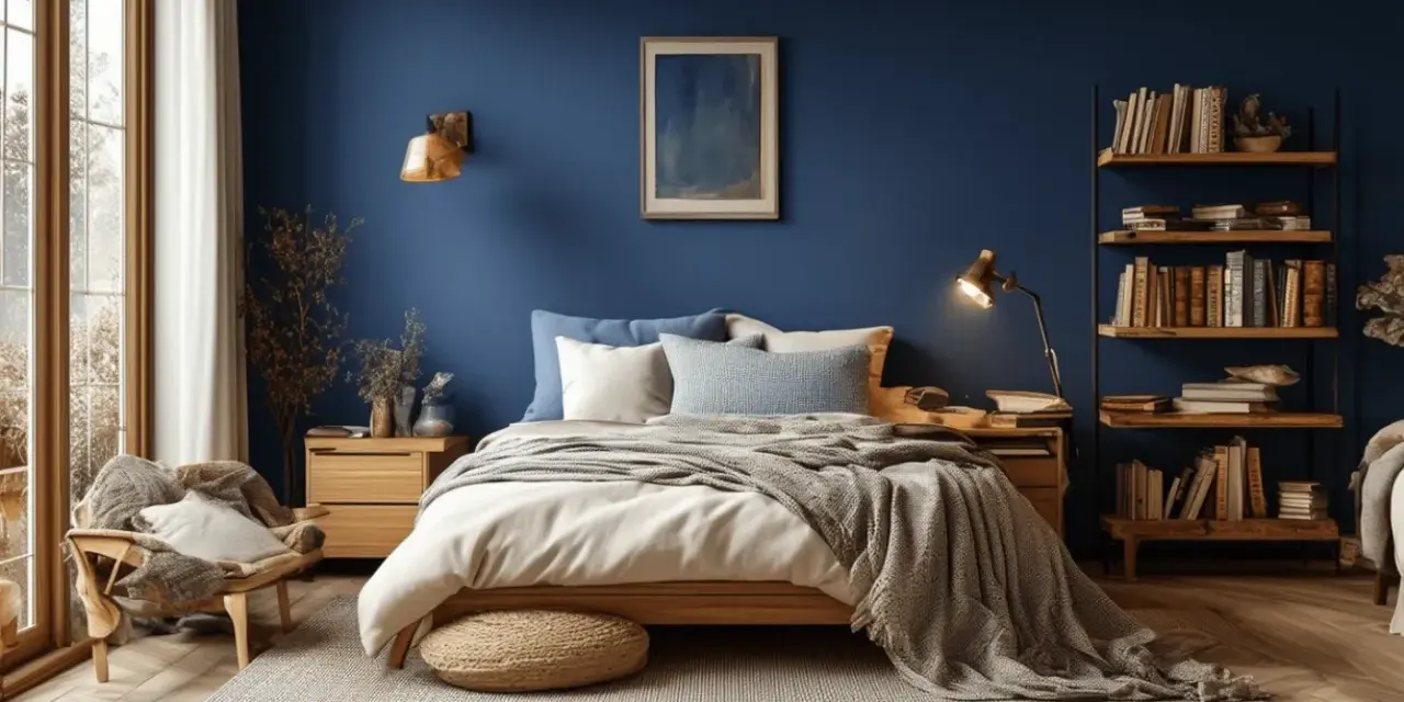 Chambre paisible aux murs bleu nuit, évoquant une **couleur ultraviolet** profonde. Un lit douillet, une chaise confortable et une bibliothèque remplie de livres invitent à la détente.