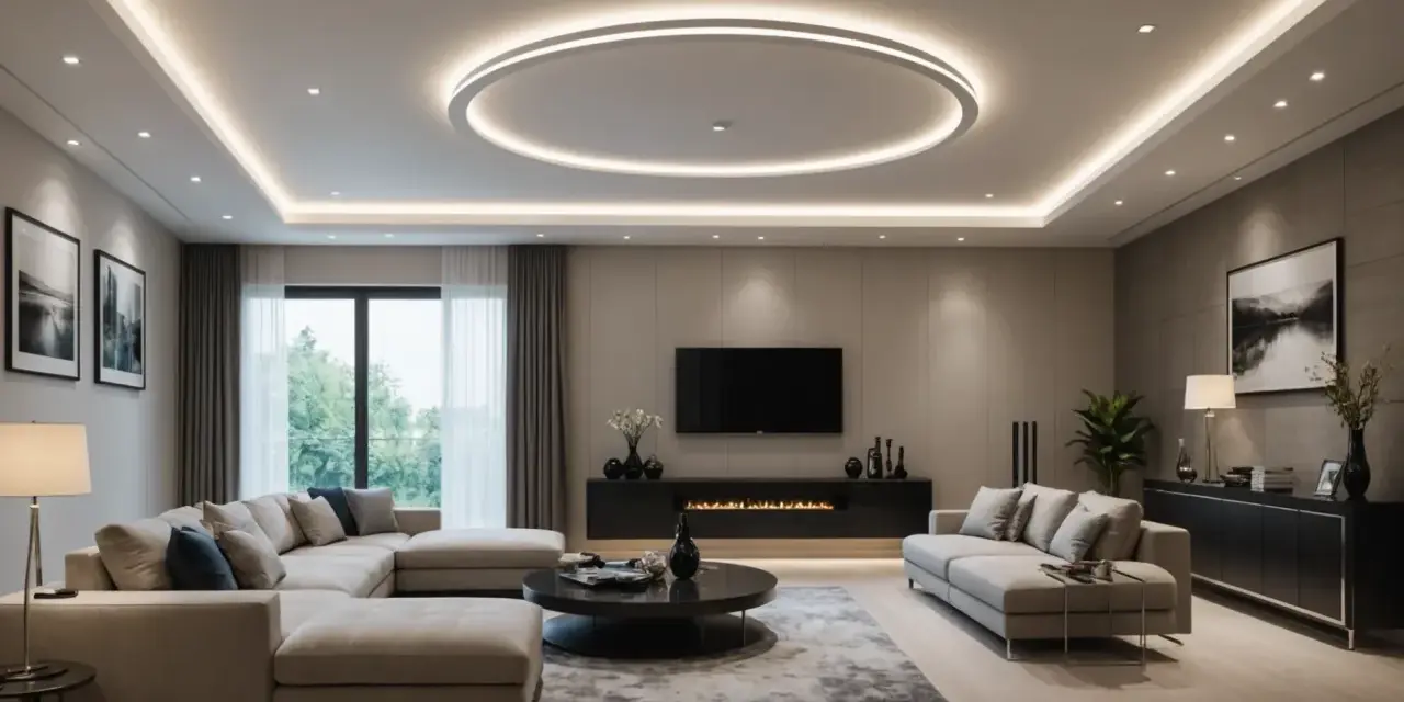 Éclairage moderne et élégant pour la décoration plafond salon, avec un cercle lumineux central et des spots encastrés.