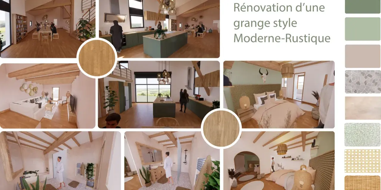 Ambiance chaleureuse et moderne-rustique pour votre maison. Inspiration pour une rénovation de grange avec des matériaux naturels et un design épuré.