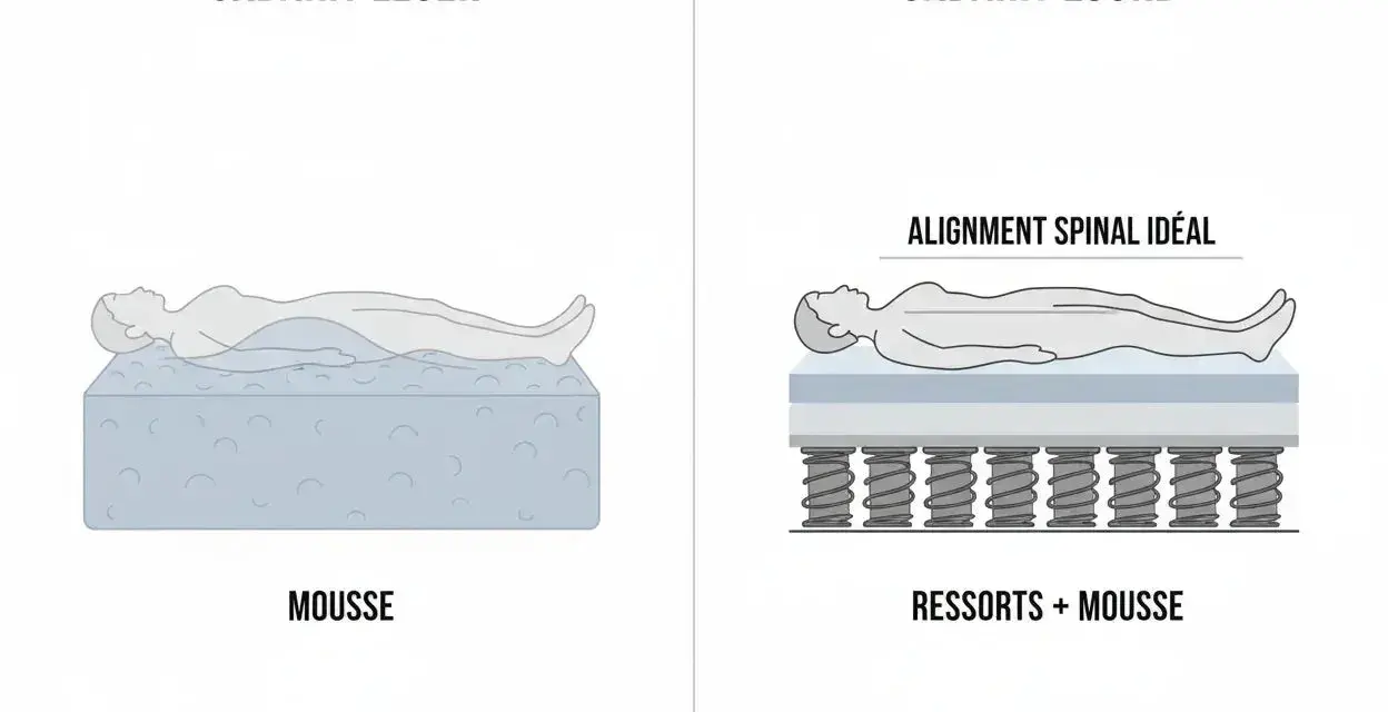 Comparaison : matelas en mousse (gabarit léger) affaissant le corps, et matelas à ressorts + mousse (gabarit lourd) assurant un alignement spinal idéal.