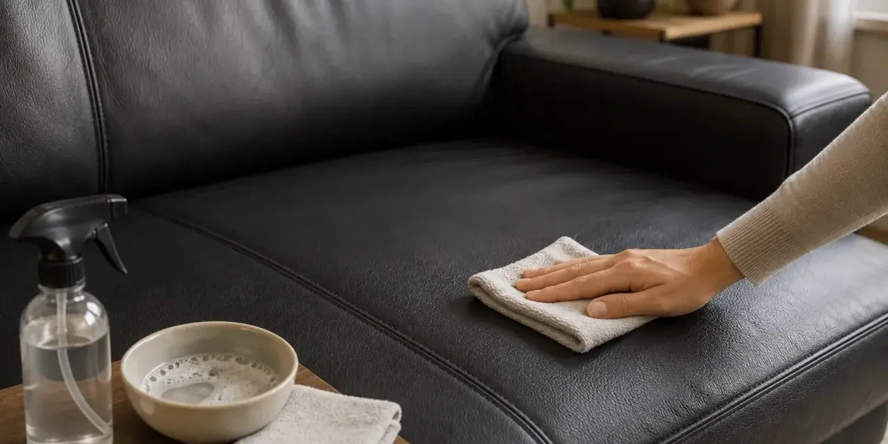 Nettoyer simili cuir bicarbonate : une main essuie un canapé noir avec un chiffon. Un spray et un bol de mousse sont à proximité.