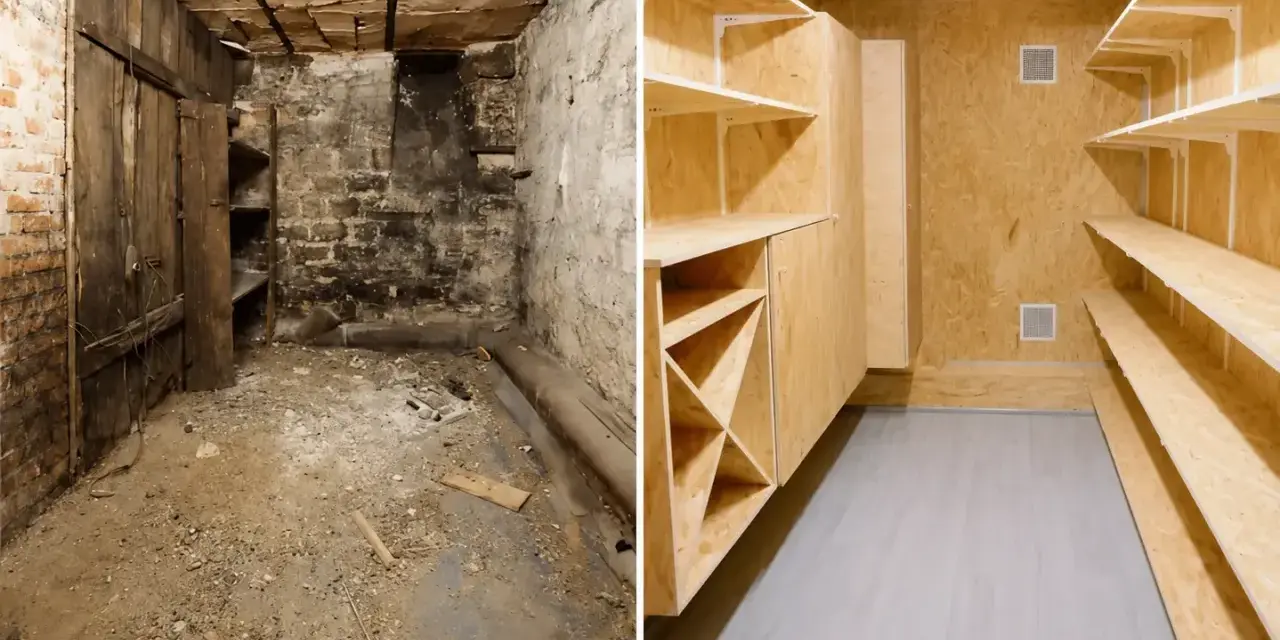 Avant/Après : une cave sombre et poussiéreuse transformée en espace de rangement lumineux et fonctionnel grâce à une rénovation complète.