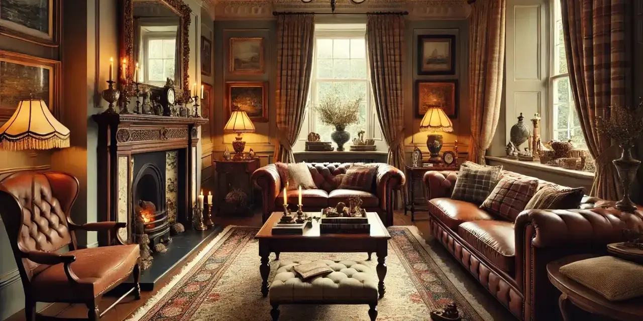 Salon chaleureux d'un cottage anglais, avec canapés en cuir, cheminée ornée et tapis persan.