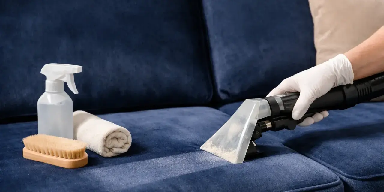 Nettoyer tache canapé velours : un aspirateur extrait la saleté d'un tissu bleu. Brosse, serviette et spray à proximité.
