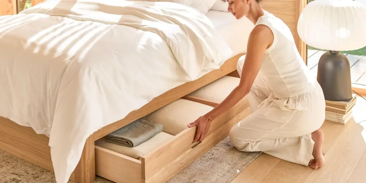 Une femme range des draps dans un tiroir de lit en bois.