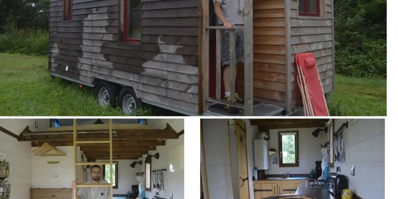 Homme devant sa maison sur roulette. L'intérieur révèle une cuisine et un lit en mezzanine.