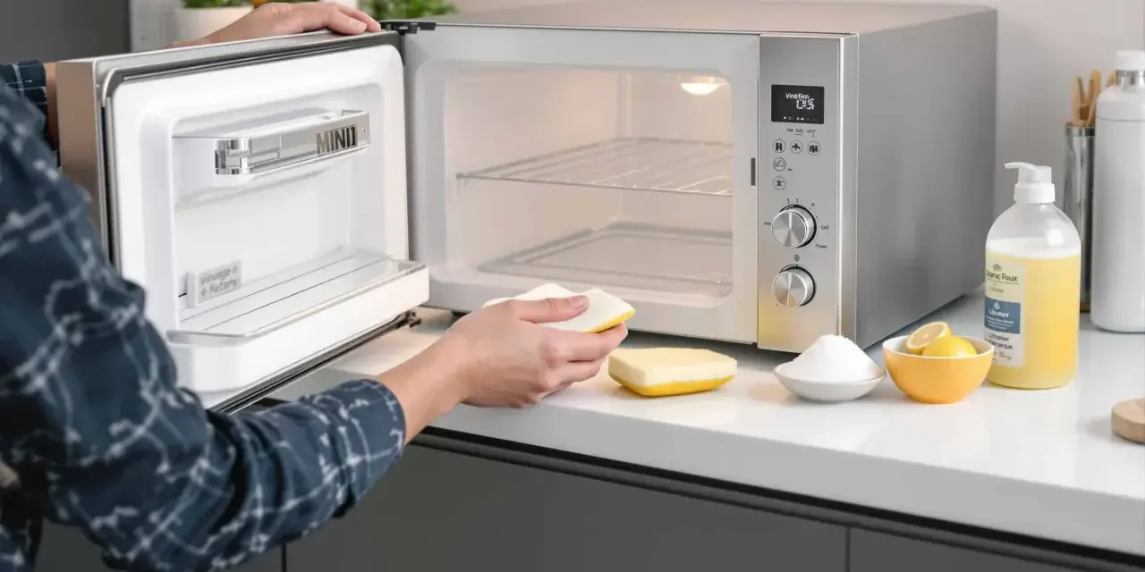 Une personne nettoie un mini four très encrassé avec une éponge. Des citrons, du bicarbonate et du liquide vaisselle sont à proximité.